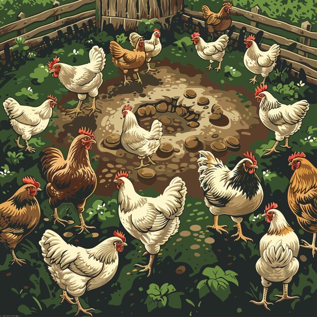 Une Peinture D'une Ferme De Poulets Avec Une Poule Au Milieu