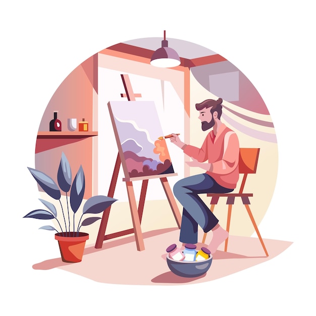 une peinture d'un homme peignant dans une pièce avec une plante et un pot avec une plante