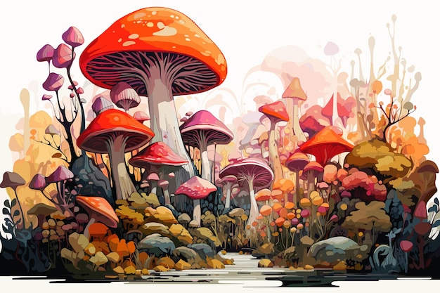 Vecteur peinture à l'huile terre fantastique surréaliste avec une grande forêt pleine de champignons de toutes tailles