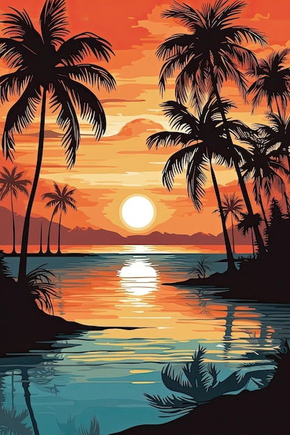 Une peinture d'une île tropicale avec des palmiers et le coucher du soleil à l'horizon.