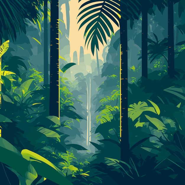 Vecteur une peinture d'une jungle avec une scène de jungle.