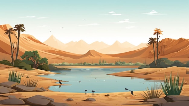 Vecteur une peinture d'un lac avec des montagnes et des arbres en arrière-plan