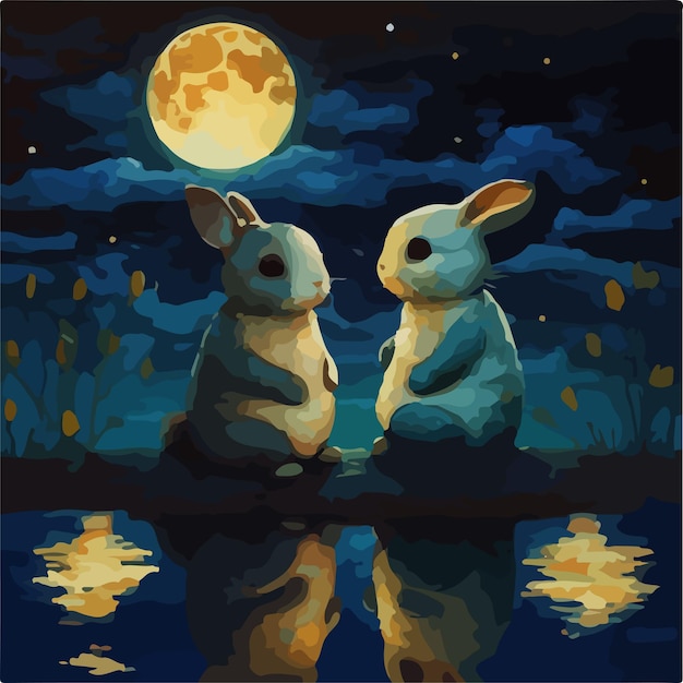 Une peinture de lapins regardant la lune