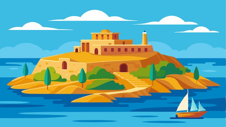Vecteur une peinture d'une maison sur une falaise avec des bateaux dans l'eau