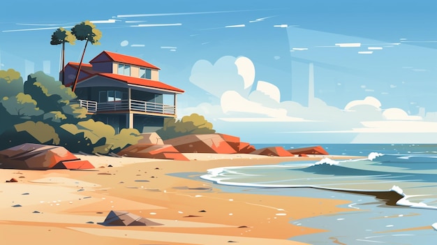 Vecteur une peinture d'une maison de plage sur une journée ensoleillée