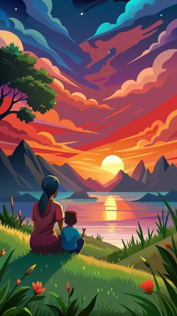 une peinture d'une mère et d'un enfant regardant le coucher de soleil