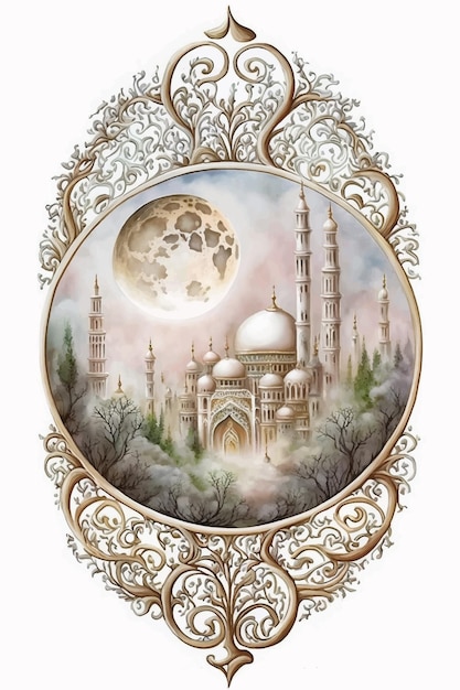 Vecteur une peinture d'une mosquée dans un cadre avec une lune et des arbres.