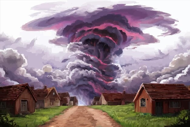 Vecteur une peinture d'un nuage de tempête qui tombe sur un village rural