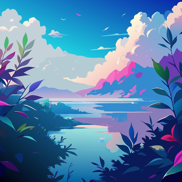 Une Peinture Numérique D'un Lac Avec Des Plantes Colorées Et Des Montagnes En Arrière-plan