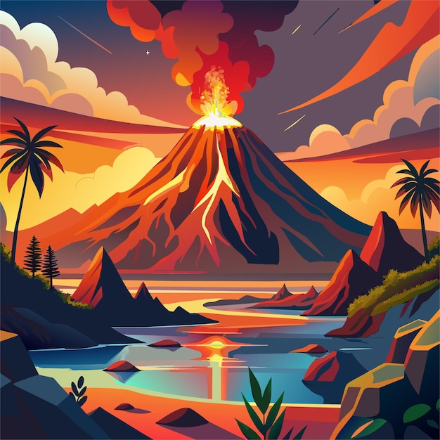 Vecteur une peinture numérique d'un volcan avec une montagne en arrière-plan
