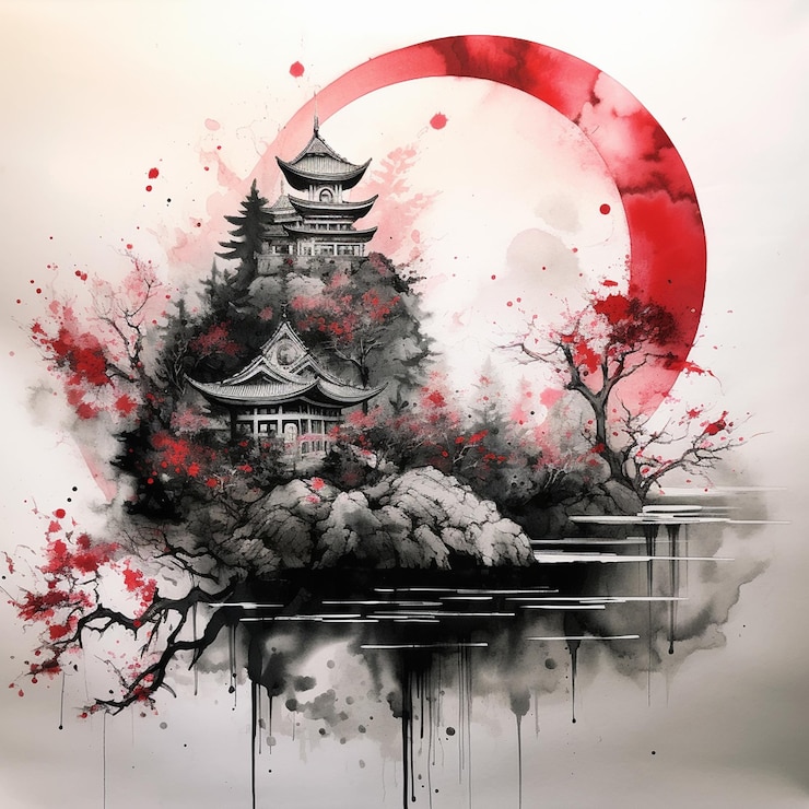 Vecteur une peinture d'une pagode avec un cercle rouge au milieu