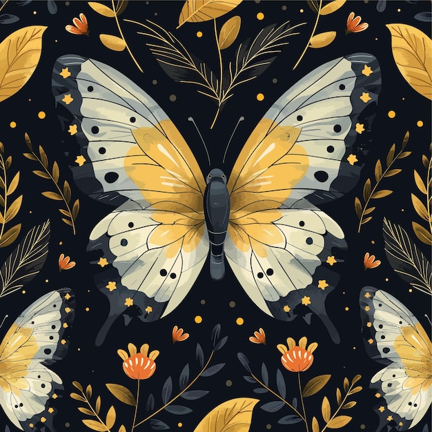 une peinture d'un papillon et de fleurs avec des papillons dessus