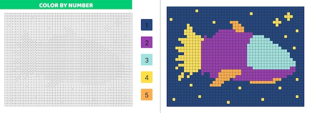 Peinture par nombre de pixels Vaisseau spatial violet dans l'espace Livre de coloriage de pixels Carrés numérotés