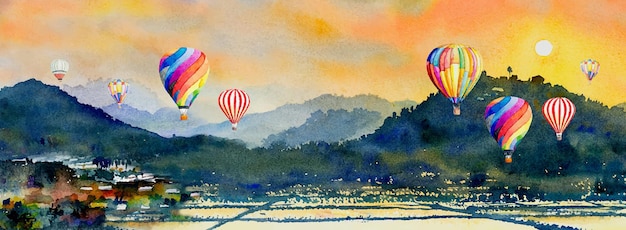 Peinture De Paysage à L'aquarelle Colorée De Montgolfière, De Montagne Et De Champ De Maïs Dans La Vue Panoramique Et La Société Rurale D'émotion, Printemps De La Nature Sur Fond De Ciel. Illustration De Peinture Abstraite En Asie.