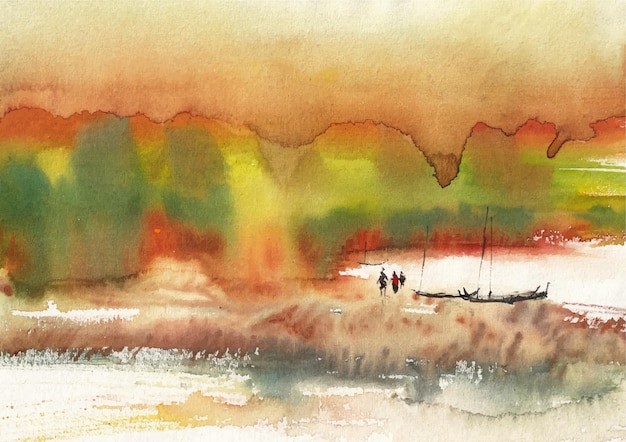 Vecteur peinture de paysage au bord de la rivière avec aquarelle