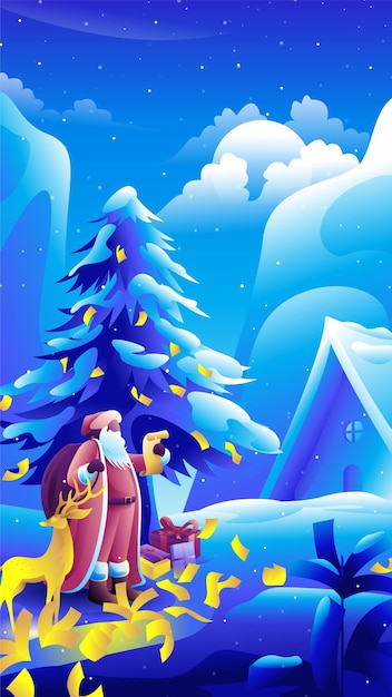 Peinture de paysage de carte de voeux joyeux Noël. Le Père Noël et les rennes chantent autour du sapin de Noël.