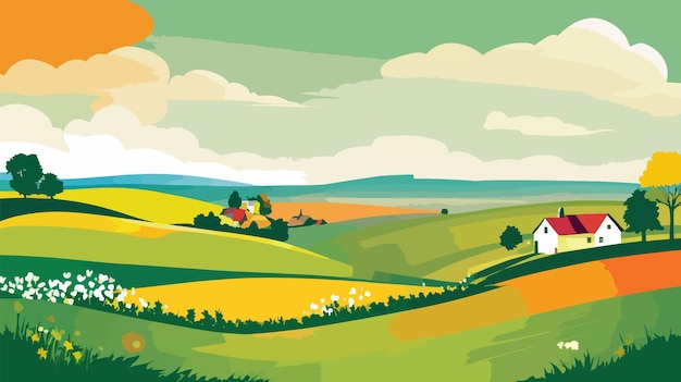 Vecteur une peinture de paysage rural avec une illustration vectorielle de maison