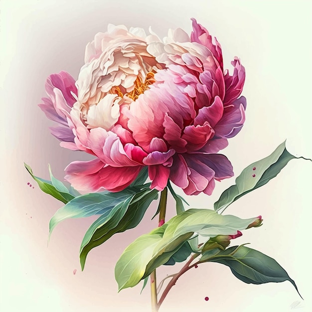 Vecteur une peinture d'une pivoine avec une tige et des feuilles vertes.