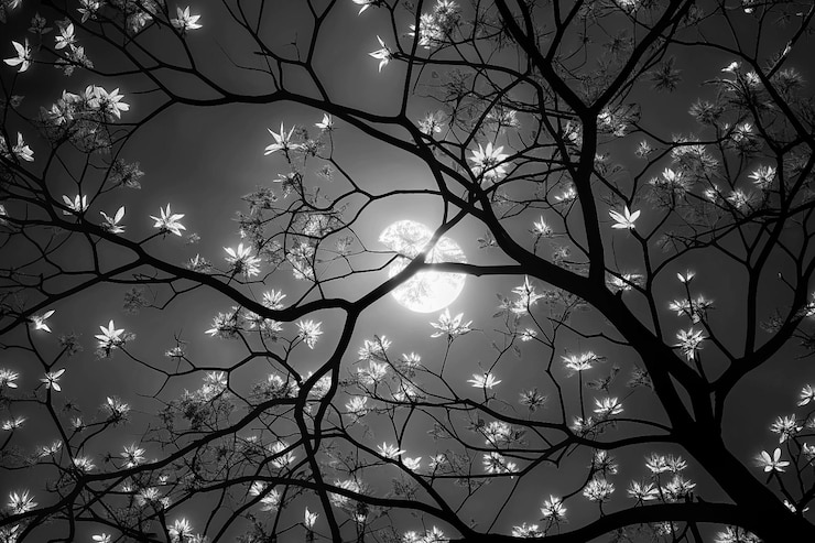 Vecteur une peinture d'une pleine lune et d'arbres avec une pleine lune en arrière-plan