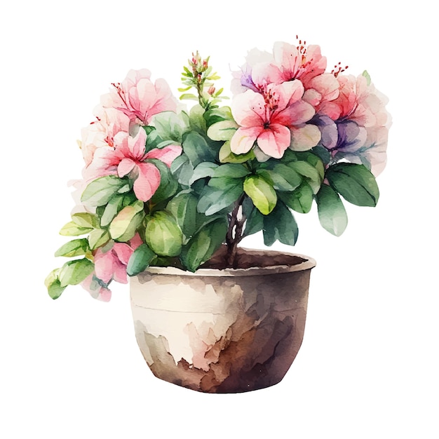 Une peinture d'un pot de fleurs avec des fleurs d'hibiscus.