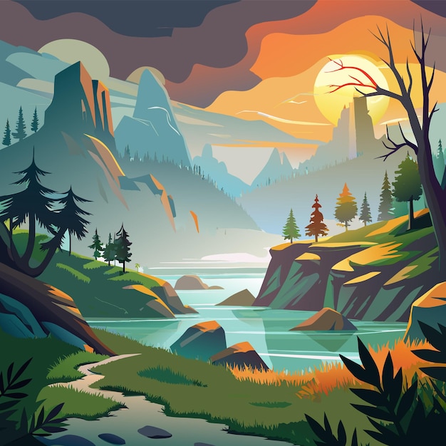 Vecteur une peinture d'une rivière avec des montagnes et des arbres