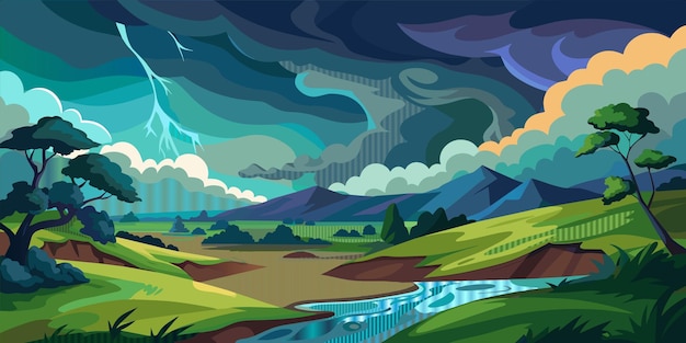 Vecteur une peinture d'une rivière et de montagnes avec une rivière en arrière-plan
