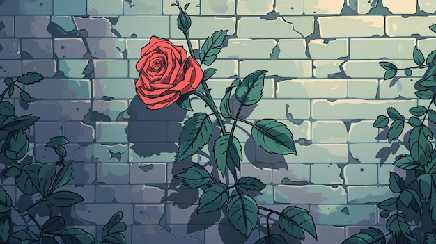 Vecteur une peinture d'une rose avec des feuilles vertes et un mur de briques
