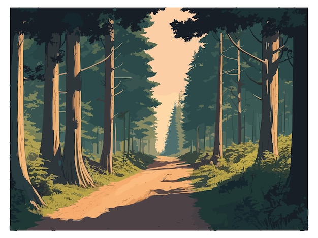 Vecteur une peinture d'une route traversant une forêt flanquée de rochers et d'arbres.