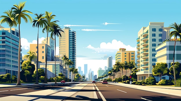 Vecteur une peinture d'une rue avec des palmiers et des voitures
