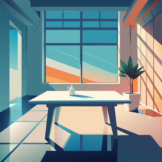 Vecteur une peinture d'une salle de soleil avec une table et une plante en pot