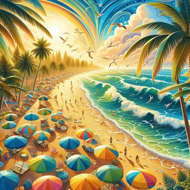 une peinture d'une scène de plage avec des gens et des parapluies