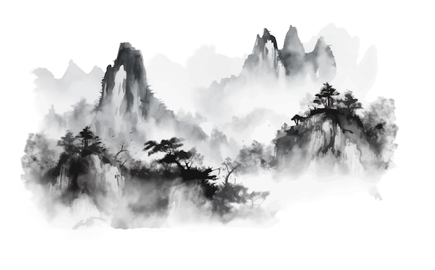 Peinture stylisée à l'encre noire de montagnes dans un style japonais minimaliste oriental traditionnel Illustration vectorielle