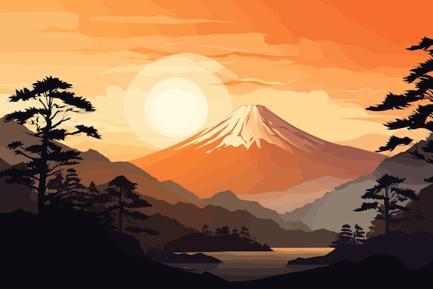 Peinture stylisée à l'encre noire de montagnes dans un style japonais minimaliste oriental traditionnel Illustration vectorielle