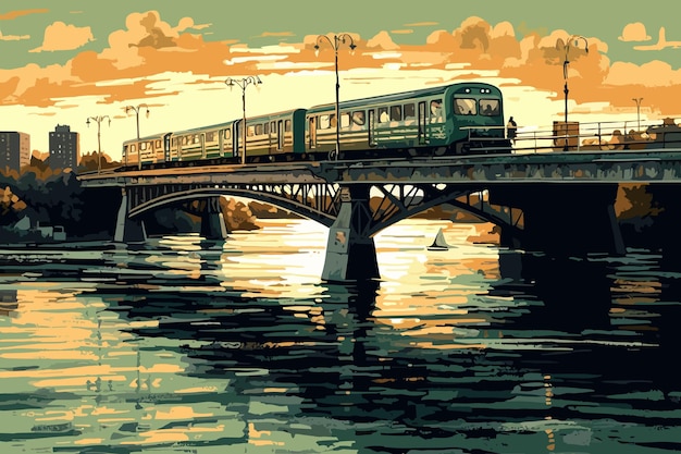 Vecteur une peinture d'un train traversant un pont avec un coucher de soleil en arrière-plan