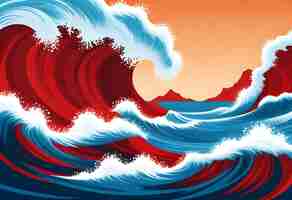 Vecteur une peinture d'une vague en rouge bleu et blanc sur le ciel au coucher du soleil