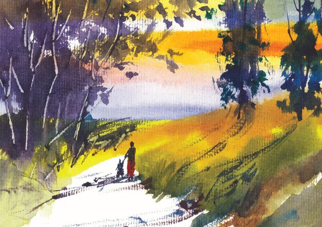 Vecteur peinture vectorielle du paysage du village à fond coloré