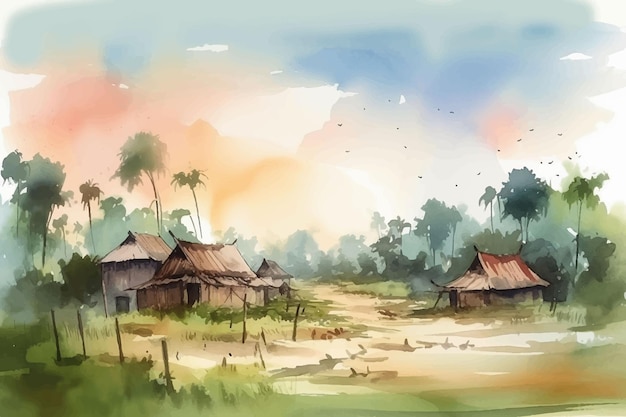 Vecteur une peinture d'un village dans la jungle