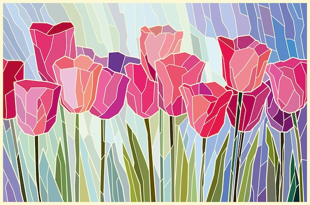 Peinture vitrail tulipes roses à partir de pièces angulaires