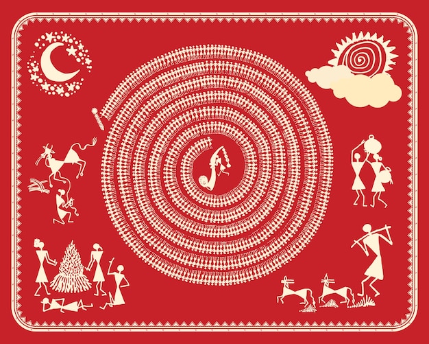 Une peinture de Warli représentant les beaux paysages de l'Inde rurale Serenité rurale Beauté scénique