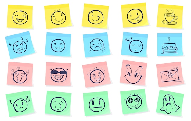 Pense-bête avec sourire Cartes d'émotion visage triste ou drôle sur papier hebdomadaire notez des souvenirs heureux pour le calendrier de la semaine bonnes nouvelles postez des émoticônes dessinées autocollant illustration vectorielle soignée