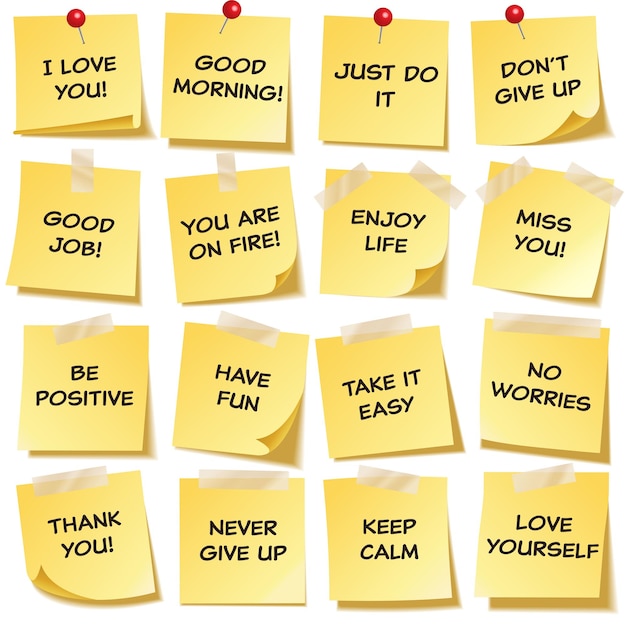 Pense-bête avec texte et ombre isolés sur fond transparent, ensemble de messages sur papier jaune