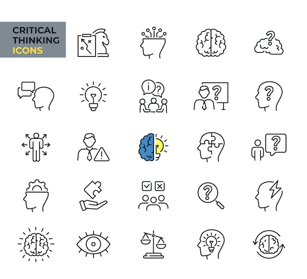 Pensée critique icônes Web dans le style de ligne Faits analysant la collection rationnelle Illustration vectorielle