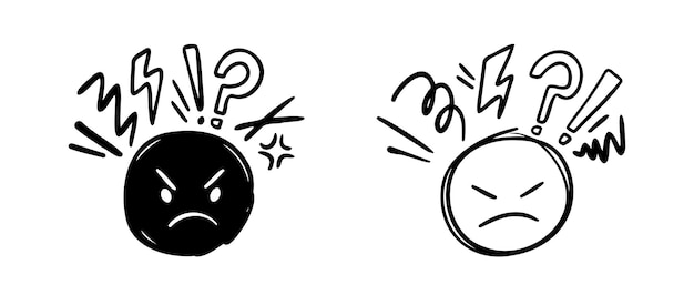 Pensée négative, mauvaise expérience, rétroaction, icône dessinée à la main, client malheureux, griffon difficile, client en colère, visage, mauvaise qualité de service, emoticon fou.