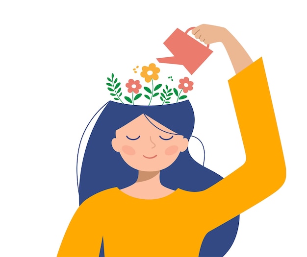 Pensée positive Fille arrosant des fleurs sur sa tête avec un arrosoir