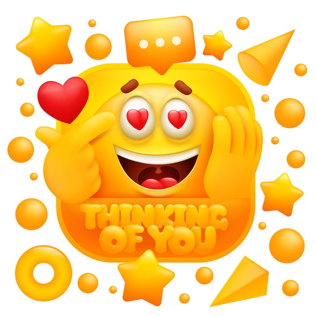 Penser à vous autocollant web Caractère emoji jaune dans un style de dessin animé 3D.