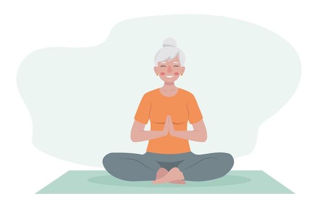 une pensionnaire fait du yoga à la maison une femme âgée fait du sport mode de vie actif illustration vectorielle