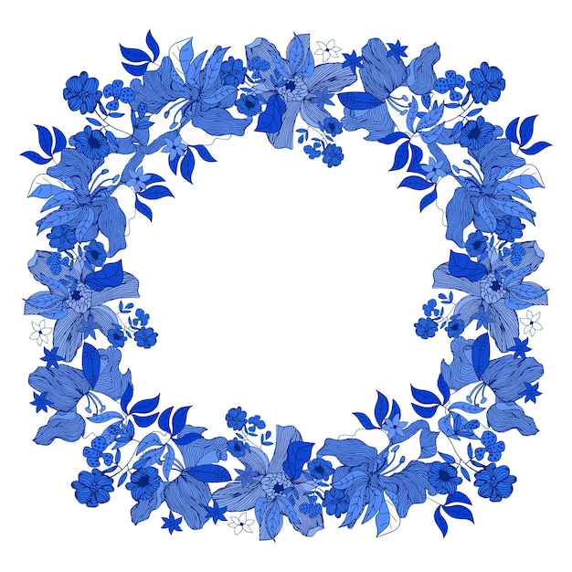 Pensionnaire Floral Avec Des Fleurs Bleues Dans Un Style D'art En Ligne Avec Place Pour Le Texte