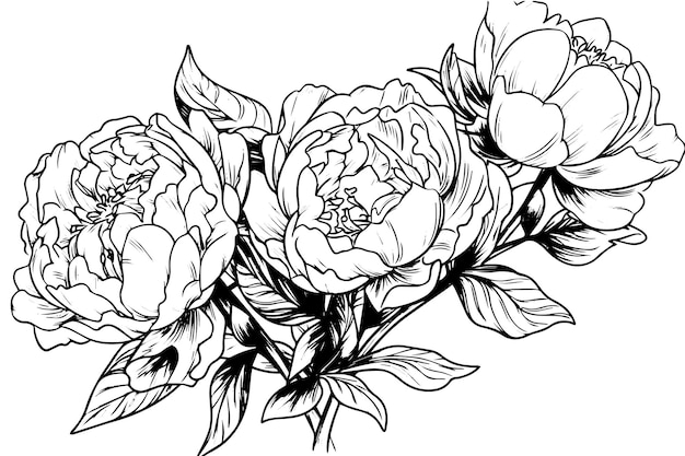 Peonie Fleur Et Feuilles Dessin Vecteur Dessiné à La Main Illustration à L'encre Gravée