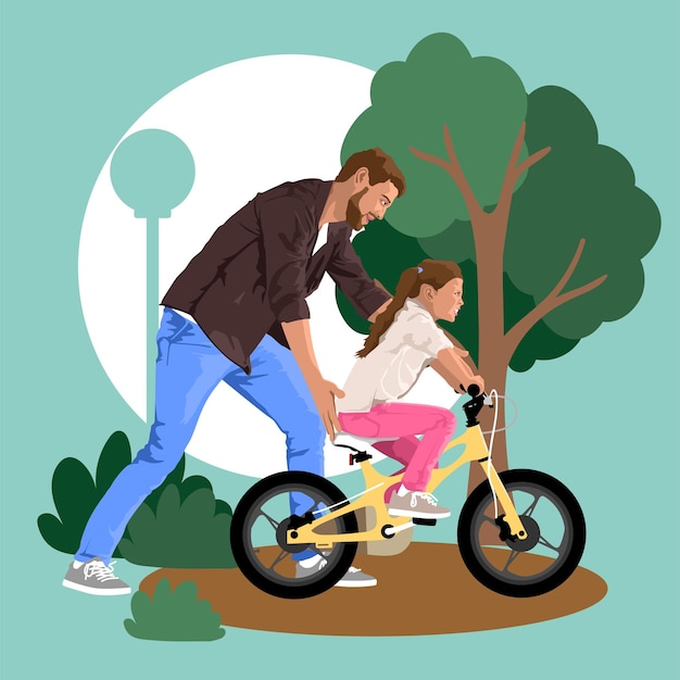 Vecteur père apprend à sa fille à faire du vélo illustration vectorielle détaillée avec des éléments plats