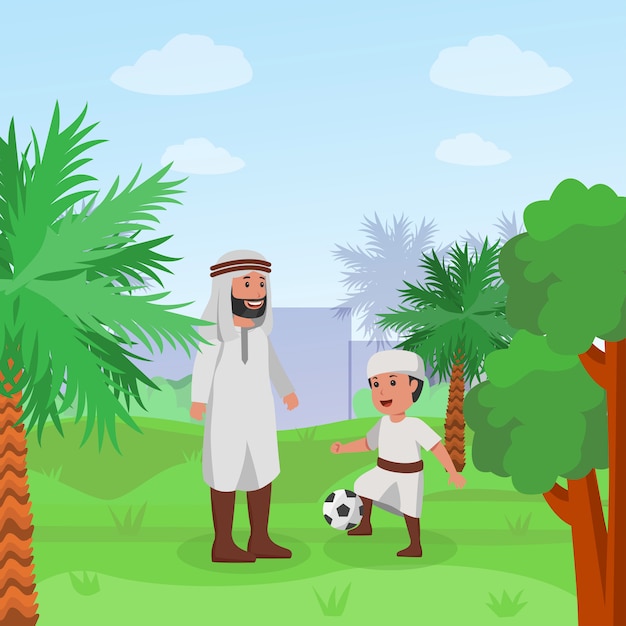 Vecteur père arabe enseigner son fils à jouer au football vector plate cartoon illustration